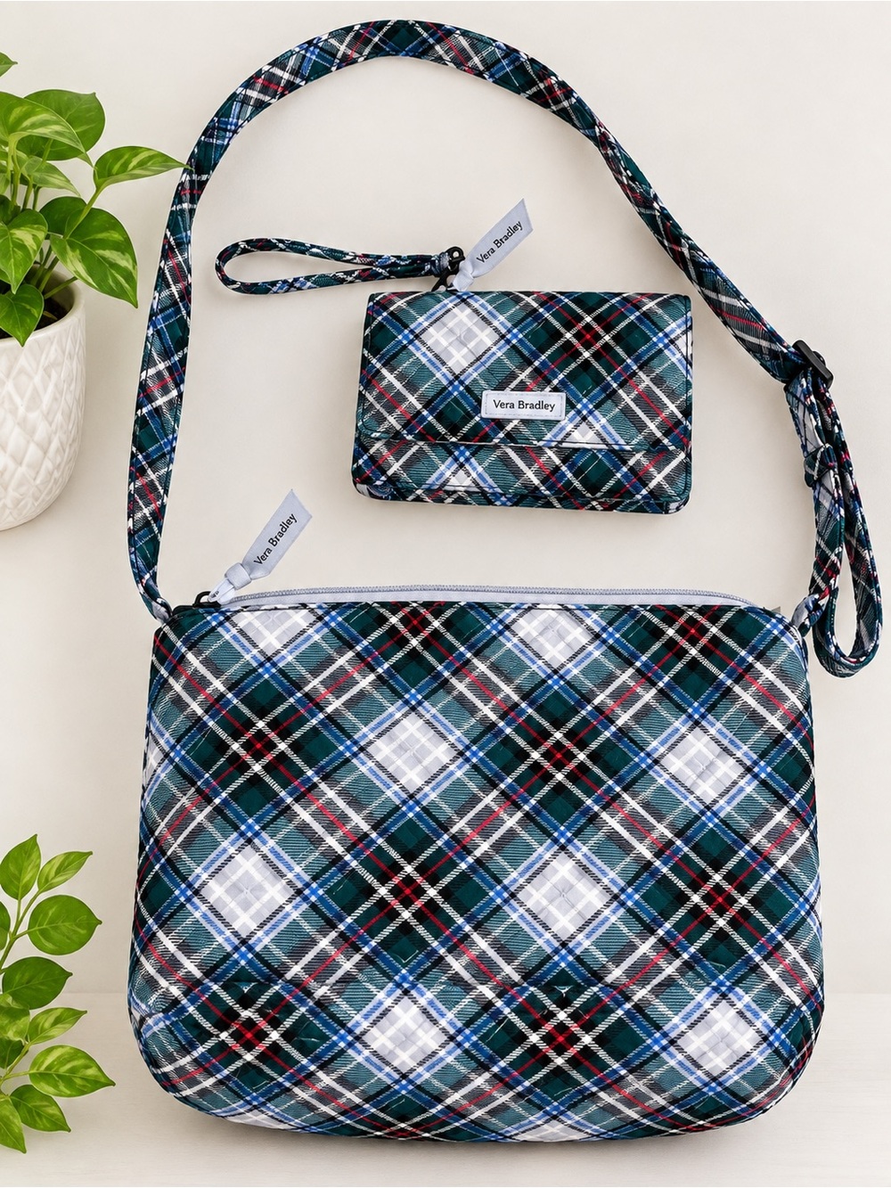 Vera Bradley Blue Plaid Crossbody Bag with Card Wallet